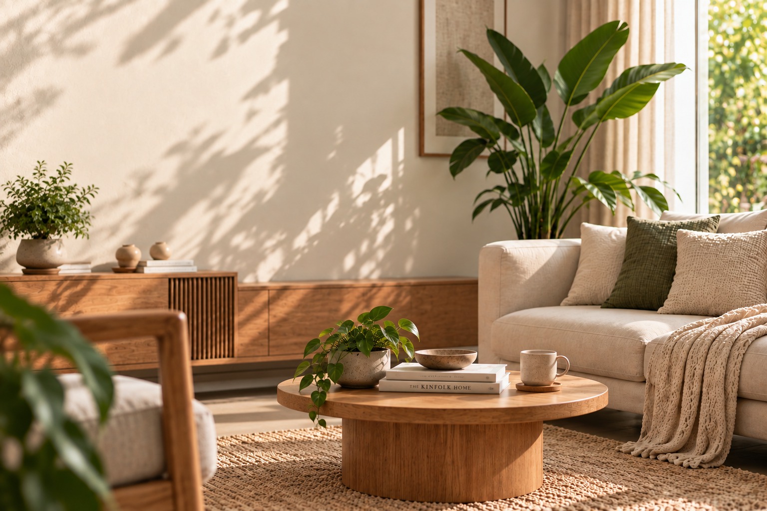Cozy living room decorated with lush green indoor potted plants.