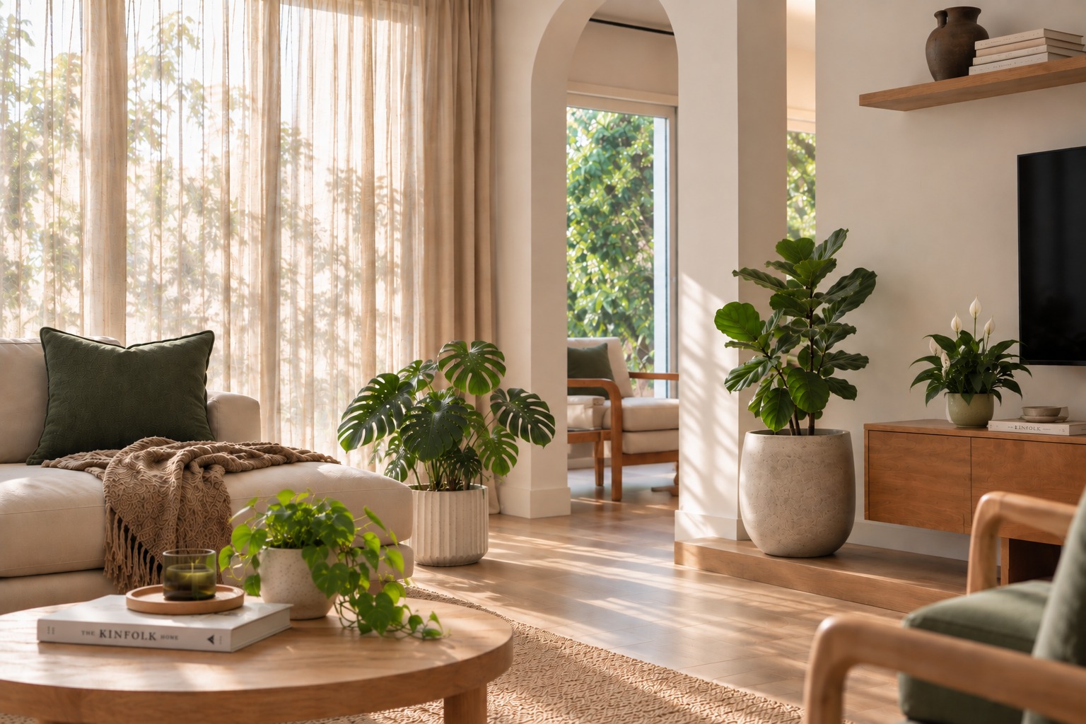 Potted tropical indoor plants sitting on wooden table.