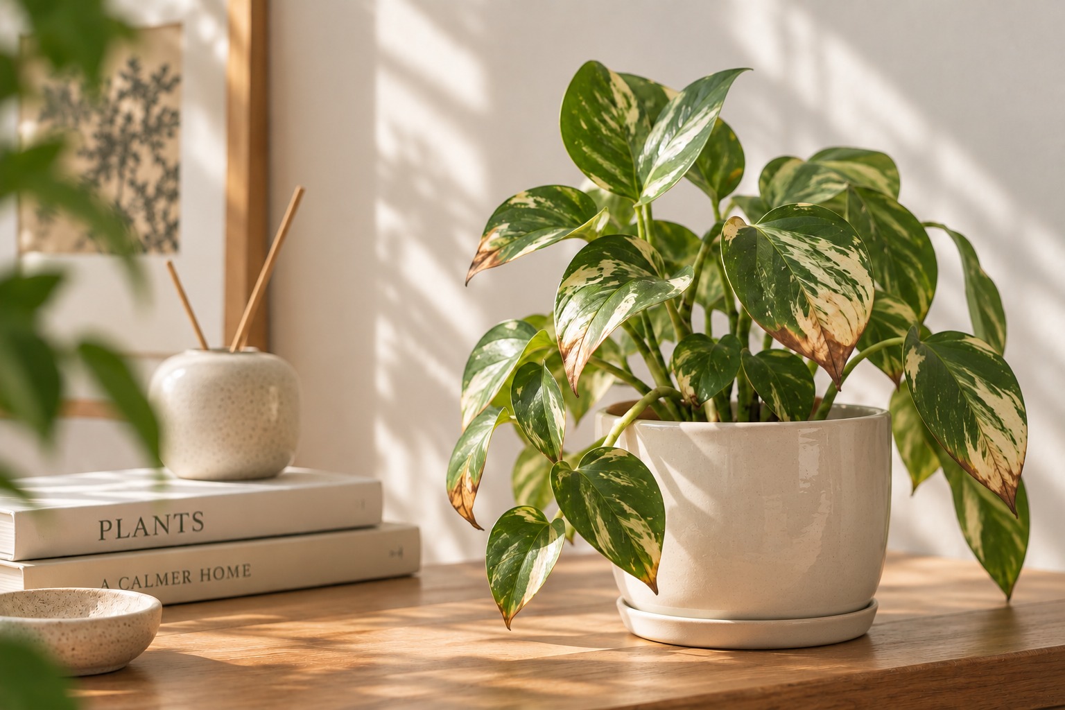 Peace lily with several brown, crispy leaf tips in a ceramic pot on a table in a bright indoor living space.