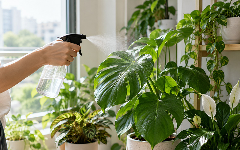 Person misting Monstera leaves with water bottle for humidity